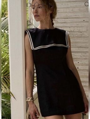 Doen Black Monroe Linen Mini Dress with Ivory Sailor-Style Trim Size 14